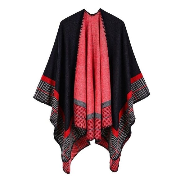 Navy Blue & Red Sweater Scarf Poncho Cape Open Front Blanket Shawls Women - Picture 4 of 4